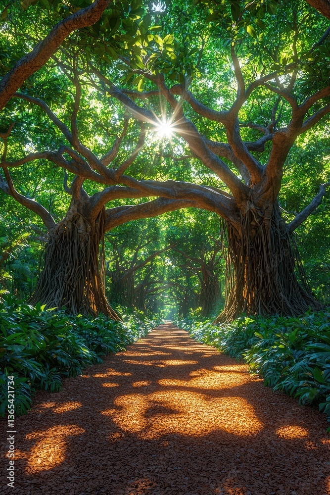 Naklejka premium A Sunlight Dappled Path Through Lush Green Forest Trees