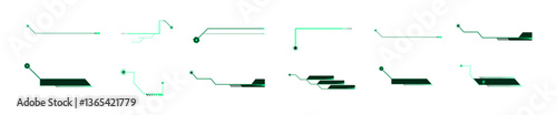 PNG set of microchip geometric technology elements with electronic line in green and blue pattern, featuring symmetric design and black icon symbol illustration sign set for business button web label 