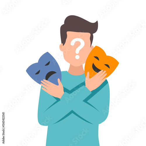 man shows two face mask with happy and unhappy mood. Person hiding true emotions, psychological problems. Fake feelings, mental disorder changing personality. Manic depression, bipolar illness