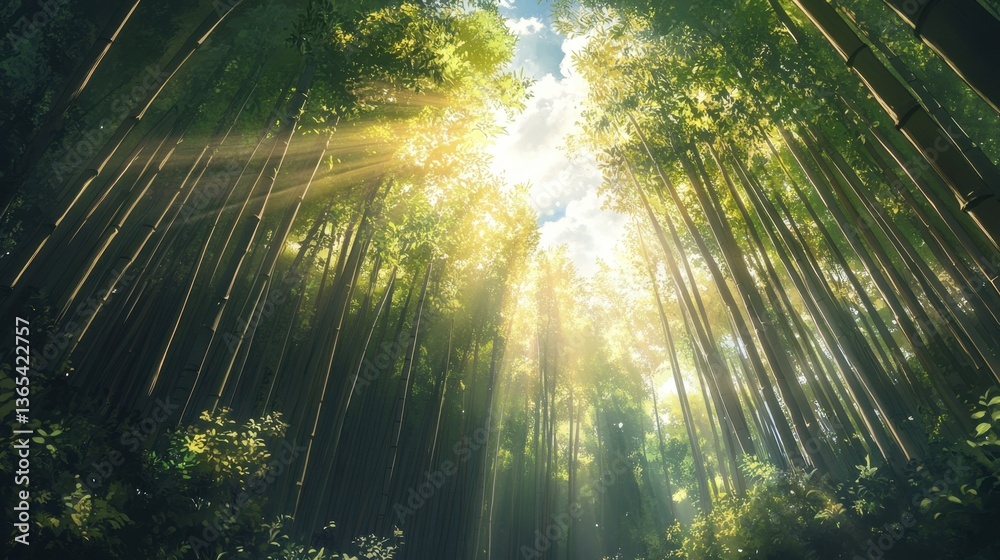 Obraz premium A dense bamboo forest with sunlight filtering through, space for text on the left.