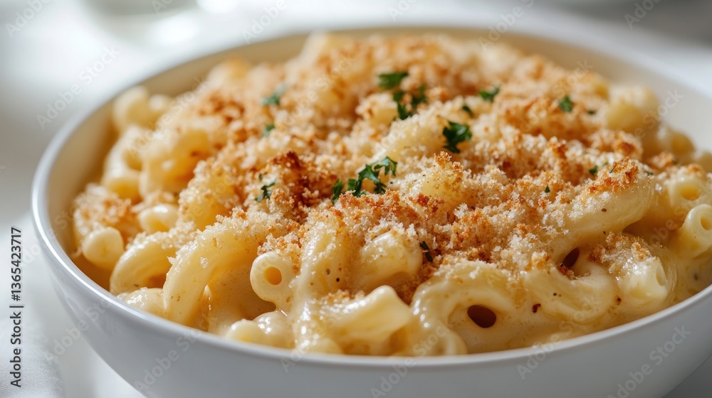 Creamy mac and cheese, topped with breadcrumbs, in a bowl, table setting visible in the background Creamy mac and cheese, topped with breadcrumbs, in a bowl, table setting visible in the background