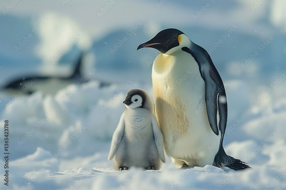 Fototapeta premium Antarctic Conservation Areas Preserving Frozen World Strict protection safeguard penguin seal whale Antarctica Illustrate emperor penguin standing fluffy chick vast icy expanse snow swirling wind orca