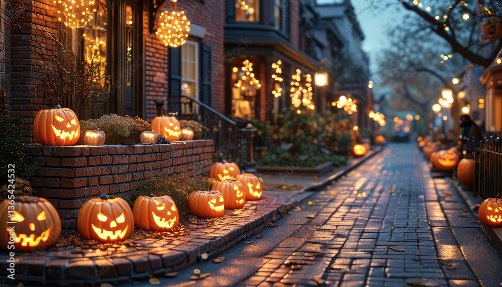 Obraz premium Halloween product display background podium, Classic Trick-or-Treat Street, brick, glowing jack-o’-lanterns, Halloween-decorated neighbourhood street, Cobweb houses, nostalgic and festive energy, ad