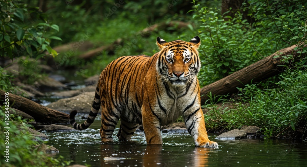 A tiger swimming in the water, showcasing its powerful presence in the wild A tiger swimming in the water, showcasing its powerful presence in the wild