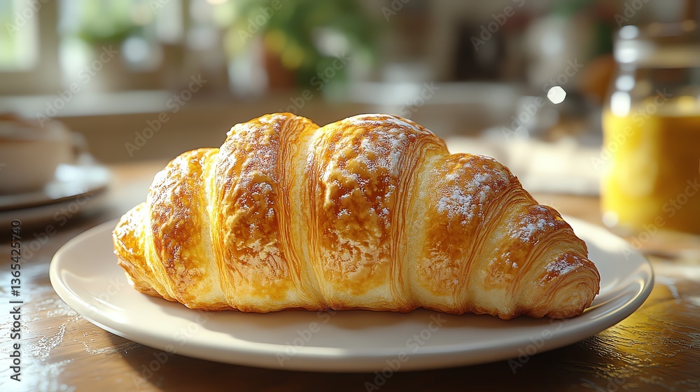 Golden Croissant on Plate with Powdered Sugar at Bright Morning Breakfast Golden Croissant on Plate with Powdered Sugar at Bright Morning Breakfast