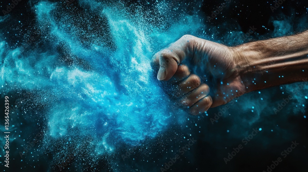 A fist connects with an invisible force, sending waves of blue powder swirling in a stunning visual effect. A fist connects with an invisible force, sending waves of blue powder swirling in a stunning visual effect.