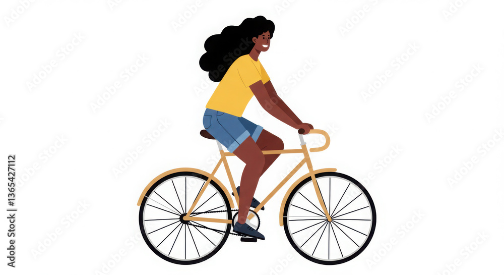 Obraz premium Young woman riding a vintage bicycle, wearing a yellow shirt and denim shorts, isolated on a white background.