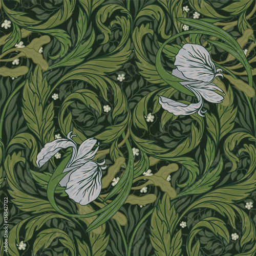 Floral vintage seamless pattern for retro wallpapers. Enchanted Vintage Flowers. Arts and Crafts movement inspired. Design for wrapping paper, wallpaper, fabrics and fashion clothes.