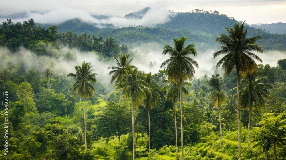 Obraz premium A lush tropical rainforest with mist rising among the towering palm trees, creating a fresh atmosphere.