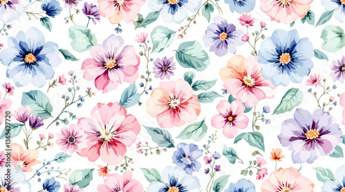Watercolor Colorful flower background, Beautiful seamless pattern with watercolor gentle colorful flowers
