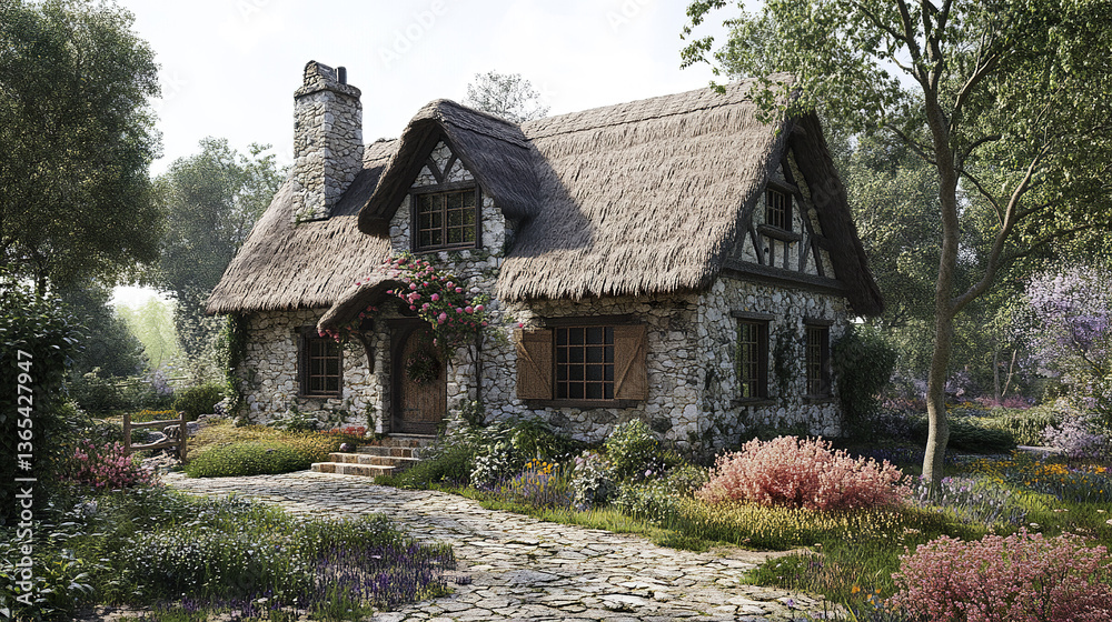 Fototapeta premium Charming stone cottage with thatched roof in lush spring garden
