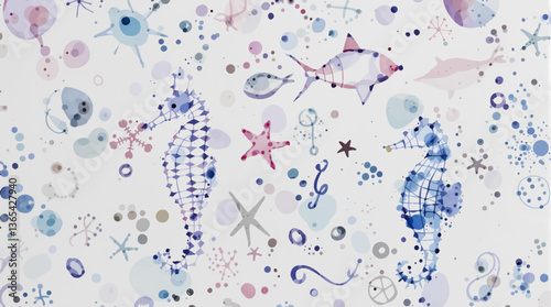 Seamless watercolor pattern of hand drawn nautilus shells and smooth sea pebbles on a white background, Watercolor pattern shells on white background