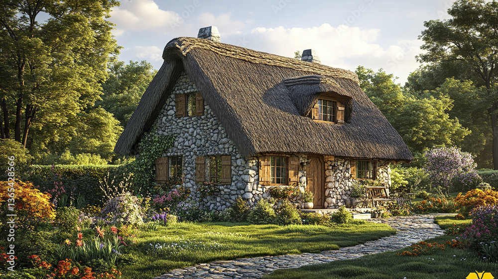 Fototapeta premium Charming stone cottage with thatched roof surrounded by lush garden