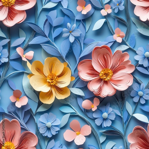 Vibrant Paper Flowers in Various Colors against a Soft Blue Background Creating a Lively Floral Design