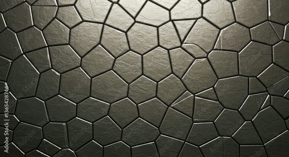 Fototapeta premium Digital Background Displaying a Mosaic of Irregular Geometric Tiles Rendered in a Hammered Metallic Finish