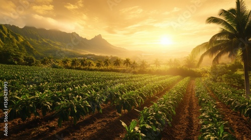 A tropical farm with rows of papaya trees growing under a golden sunrise.