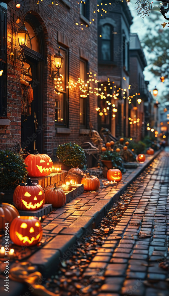 Obraz premium Halloween product display background podium, Classic Trick-or-Treat Street, brick, glowing jack-o’-lanterns, Halloween-decorated neighbourhood street, Cobweb houses, nostalgic and festive energy, ad