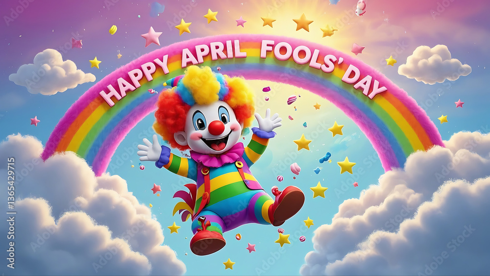 Naklejka premium A joyful clown with a rainbow hairstyle jumps under a rainbow, surrounded by stars and “HAPPY APRIL FOOLS’ DAY” text in a whimsical sky scene.