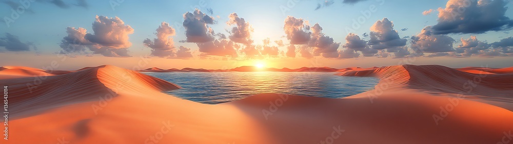 Fototapeta premium Desert landscape with water and a vibrant sunset in the sky