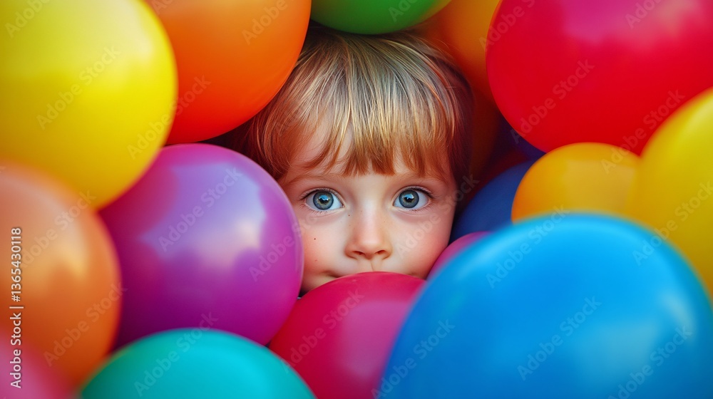 Obraz premium Cute little boy playing with colorful balloons at the playground. Happy childhood concept.