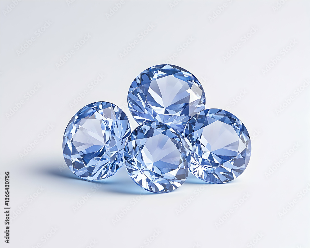Four brilliant-cut blue gemstones clustered on a light background Four brilliant-cut blue gemstones clustered on a light background