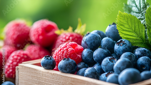 Wallpaper Mural Fresh blueberries and raspberries in wooden box with green leaves. Ideal for healthy food ads, fruit packaging or natural lifestyle visuals. Selective focus Torontodigital.ca