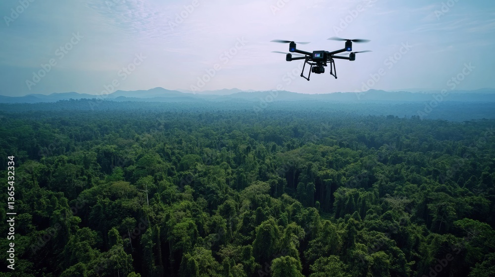 Fototapeta premium An AI powered drone system performing real time wildlife monitoring, tracking animal populations in remote forests for conservation research, Environmental technology style