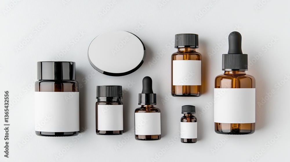 Blank beauty product bottles in different shapes and sizes are arranged on a clean background, highlighting unique label designs Blank beauty product bottles in different shapes and sizes are arranged on a clean background, highlighting unique label designs