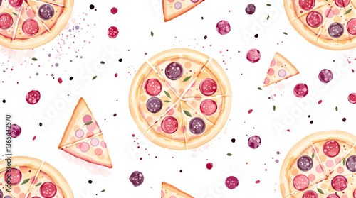 Seamless watercolor pattern featuring isolated pizza slices on a clean white background ideal for fast food and Italian cuisine designs	