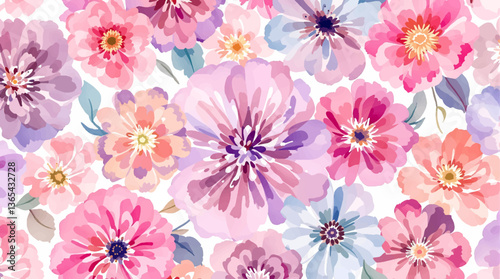 Watercolor floral seamless pattern with hand-painted blush pink flowers and green leaves on white background. Botanical print.	