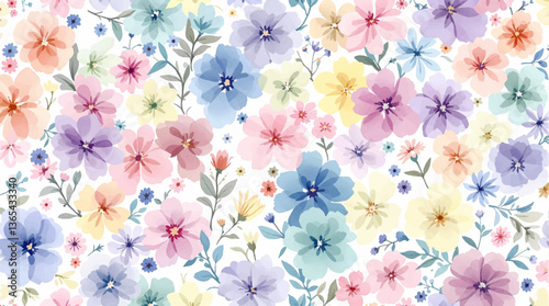 Watercolor floral seamless pattern with hand-painted blush pink flowers and green leaves on white background. Botanical print.	