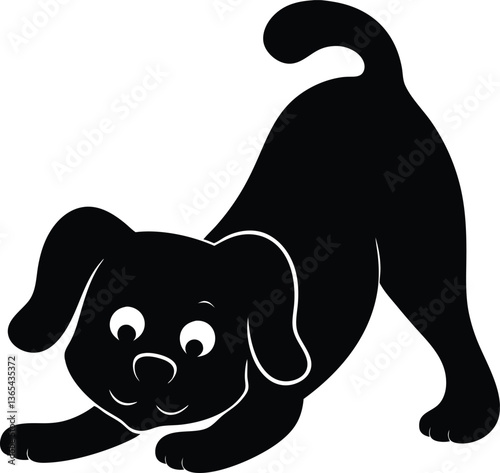 A black silhouette of a playful dog in a bowing position, with its front legs stretched forward