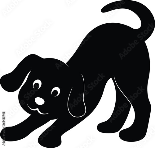 A black silhouette of a playful dog in a bowing position, with its front legs stretched forward