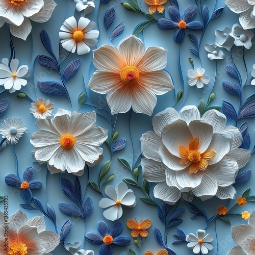 Intricate Floral Paper Art with White, Orange, and Blue Flowers on Light Blue Background