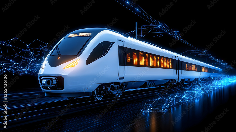 Fototapeta premium Futuristic train moving at high speed, digitally enhanced