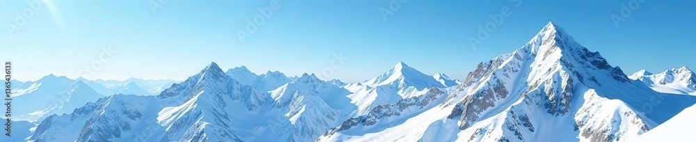 Obraz premium Snow-covered mountain peaks against a clear blue sky, mountain, frozen