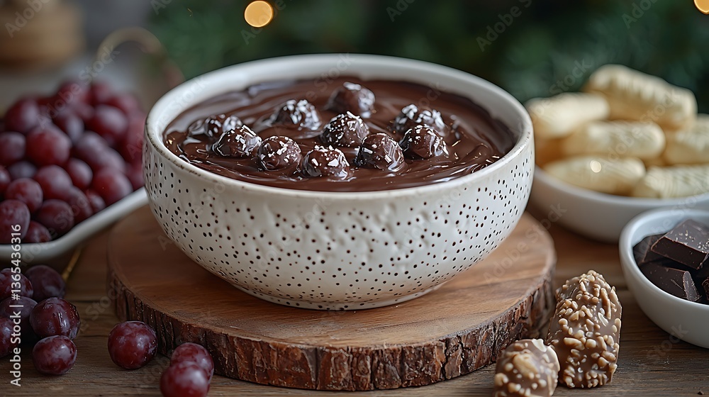 Indulgent Chocolate Fondue Pot with Assorted Dippers and Fresh Fruits on a Wooden Board Indulgent Chocolate Fondue Pot with Assorted Dippers and Fresh Fruits on a Wooden Board