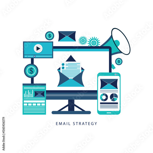Email marketing flat illustration vector concept, Online business strategy, Advertising, Email newsletter, messaging, Marketing material concept