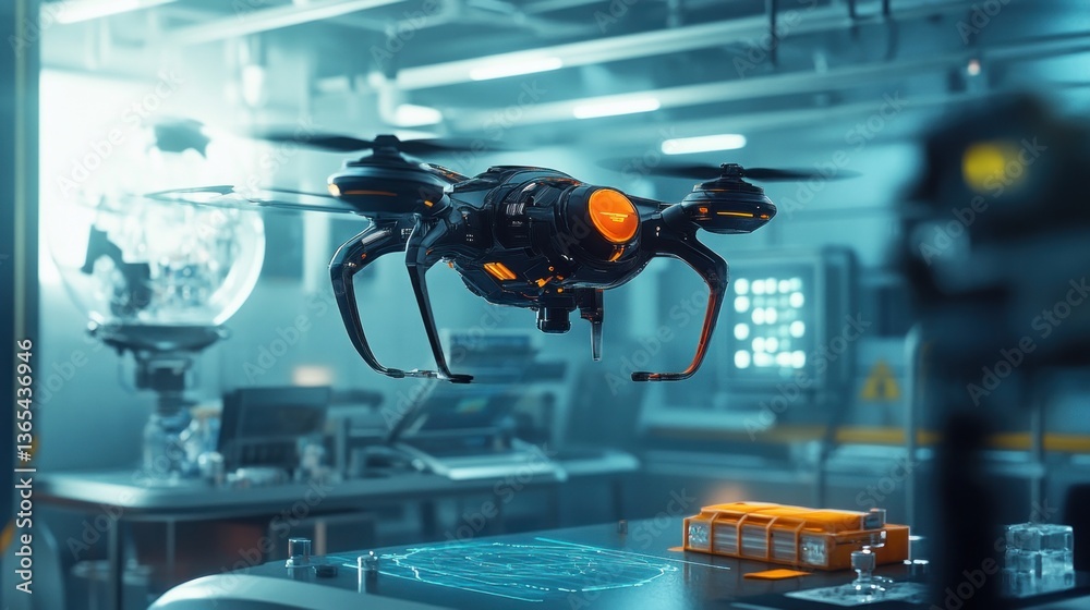 Futuristic research lab with hovering advanced robotic drone prototype testing Futuristic research lab with hovering advanced robotic drone prototype testing