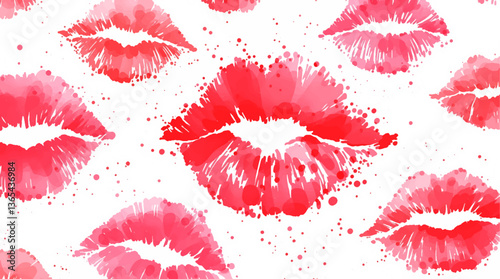 Watercolor seamless pattern lips, A seamless pattern background radiating sweetness and love. Watercolor lips in soft pinks and reds form a dynamic repeating pattern, playfully leaving kiss	