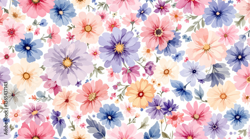 Watercolor Colorful flower background, Beautiful seamless pattern with watercolor gentle colorful flowers