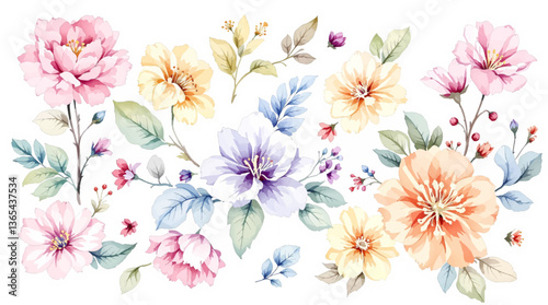 Watercolor floral seamless pattern with hand-painted blush pink flowers and green leaves on white background. Botanical print.	