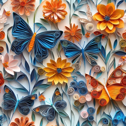 Vibrant Paper Art with Colorful Butterflies and Flowers Creating a Whimsical Nature Scene