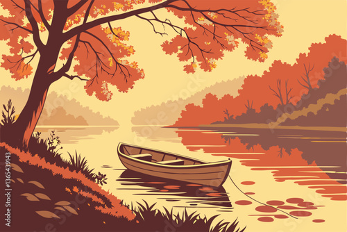 autumn landscape with boat old hour