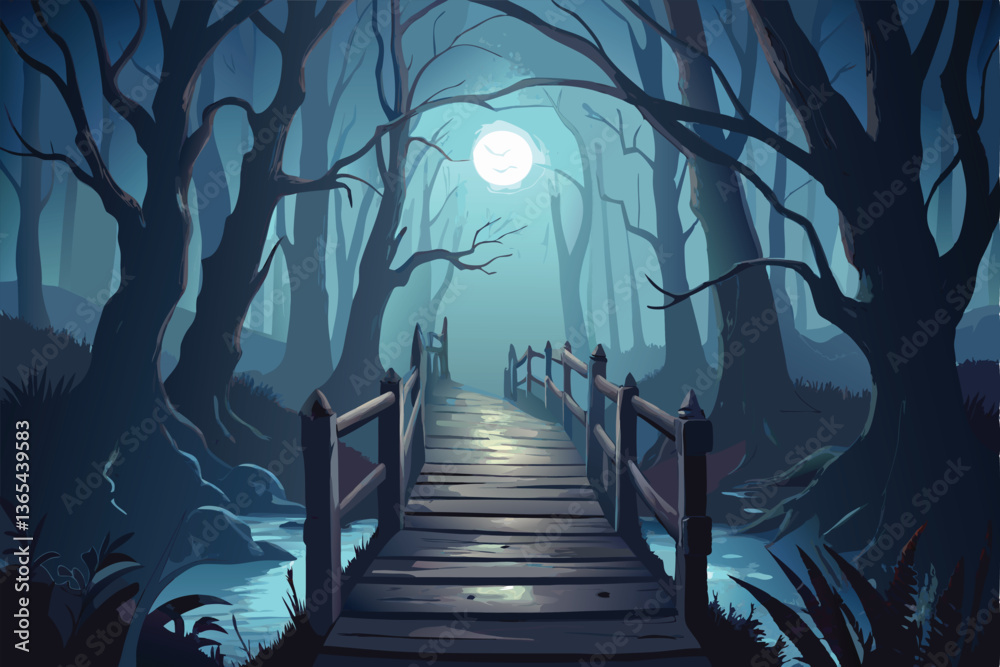 Obraz premium Wooden path through the swamp at night. Vector cartoon illustration.