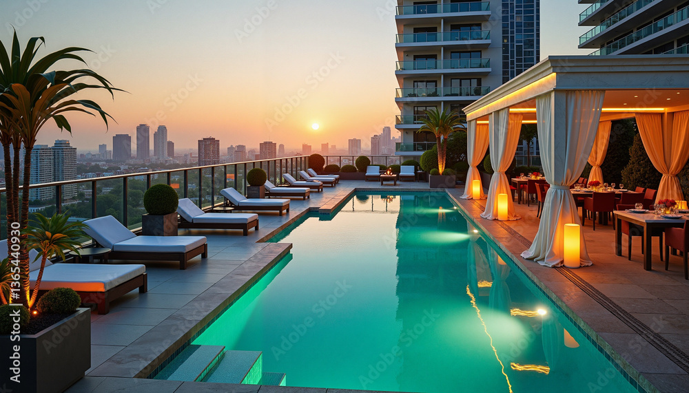 Fototapeta premium Luxury rooftop pool at sunset with stylish loungers and dining area overlooking the city 