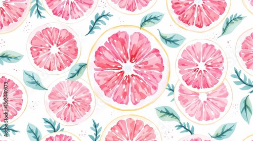 Citrus watercolor Pattern with Oranges and Leaves on White Background	