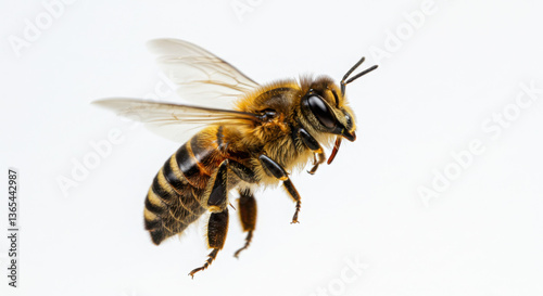 Macro Shot of a Honey Bee (Apis mellifera) in Mid-Air Flight with Detailed Wings, Fuzzy Body, and Black and Yellow Stripes on a White Background

