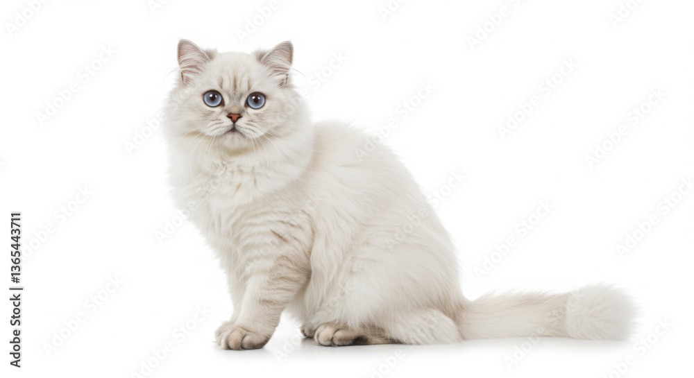 Obraz premium Fluffy White Cat with Blue Eyes Sitting on White Background, Long-Haired Feline Beauty