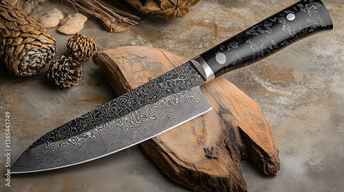 sharp chef knife with black handle and intricate blade pattern rests on rustic wooden surface, surrounded by pine cones and bark, creating natural and elegant setting